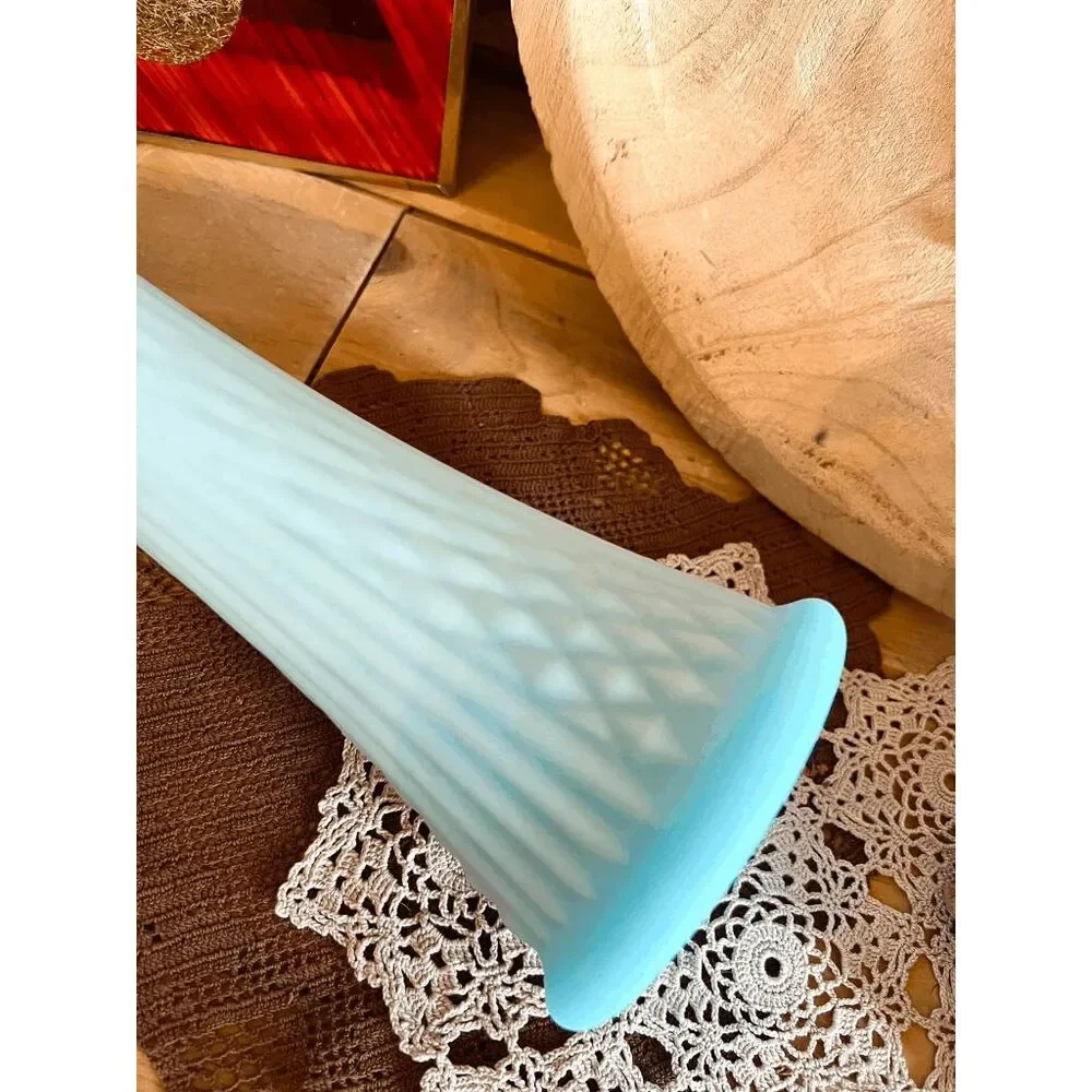 Vintage Fenton Stretch Swung Blue Satin Custard Milk Glass Diamond Pattern Vase
